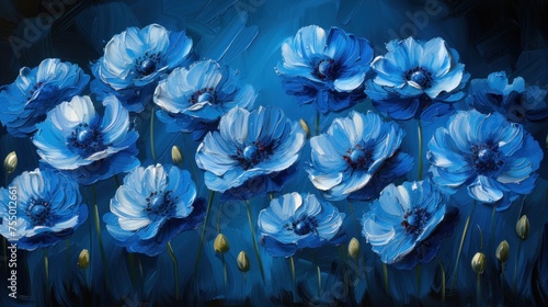 a painting of blue and white flowers on a black and blue background with gold stems in the foreground and a blue sky in the background. photo