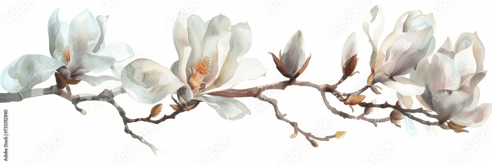 Watercolor illustration of a branch of a blooming Magnolia on a white background, spring flowers Watercolor illustration of a branch of a blooming Magnolia on a white background, spring flowers