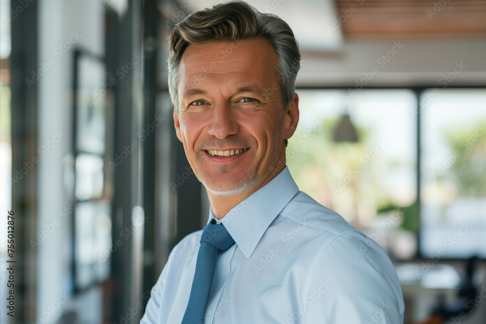 A man in a blue shirt and a blue tie is smiling A man in a blue shirt and a blue tie is smiling