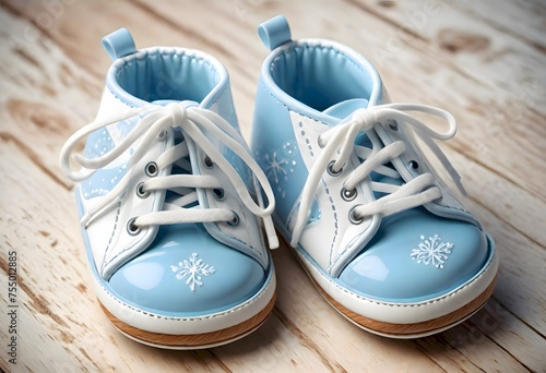 Blue Children boots on wooden surface with painted flowers, generated with AI