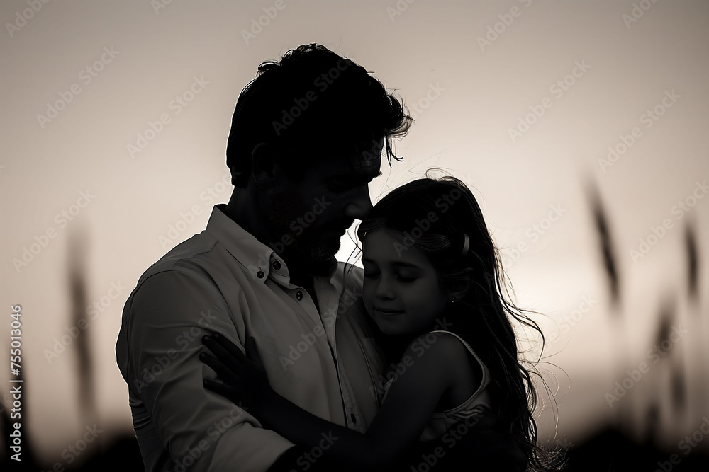 Father and Daughter Sunset Hug, Black and White picture