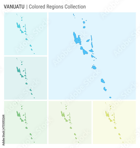 Vanuatu map collection. Country shape with colored regions. Light Blue, Cyan, Teal, Green, Light Green, Lime color palettes. Border of Vanuatu with provinces for your infographic. Vector illustration.