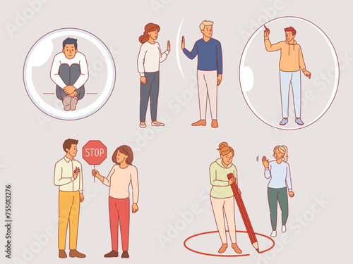 Personal boundaries. Attempts to invade private space, social distance, psychological constraints, protecting and violating, men and women in bubble, drawing red line, vector cartoon set
