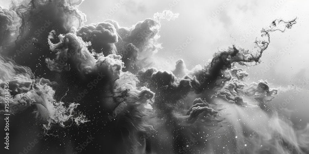 black and white line art, minimalistic background, motion, trail effect, flat bold shapes, white background, 3d Octane render, cinematic shot, particular effects clouds particles, nebula render
