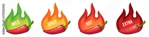 Pepper spiciness levels. Hot spicy gradations stickers, jalapeno, chili, cayenne, colored flame, mild and spicy, hot and extra, packaging label or emblem. Menu stickers, tidy vector isolated set