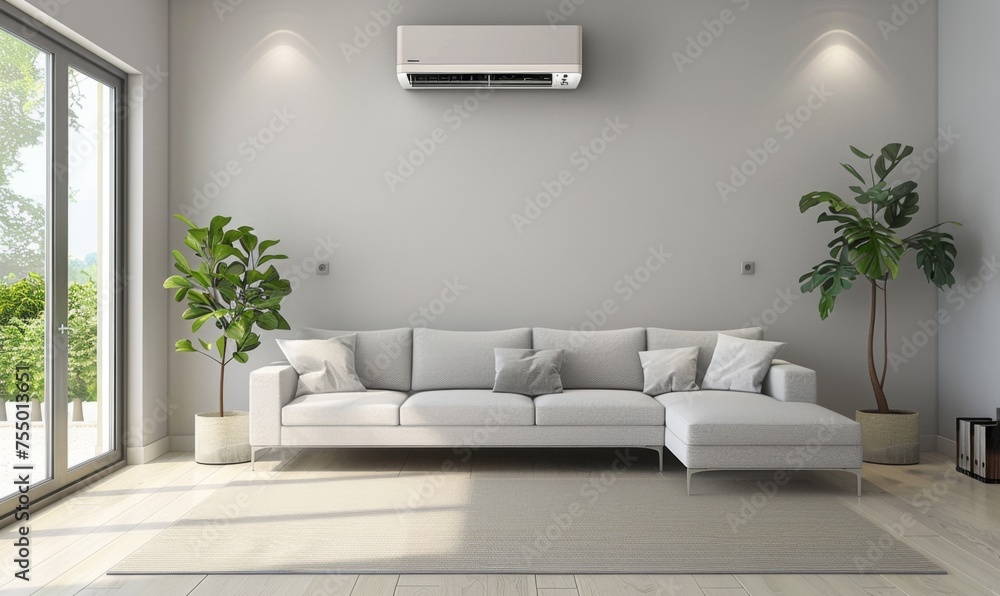 Fototapeta premium Living room interior, where the air conditioner smoothly cools the room