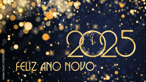 cartão ou banner para desejar um feliz ano novo 2025 em ouro com círculos dourados e glitter em efeito bokeh sobre fundo azul photo
