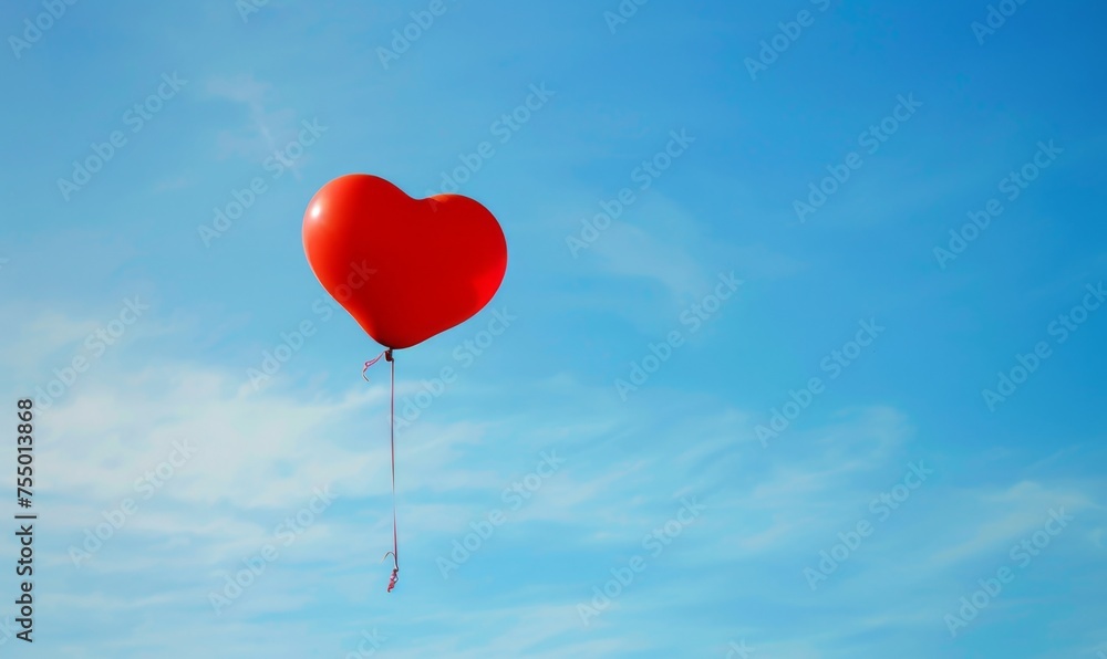 Red heart-shaped balloon floating against a clear blue sky