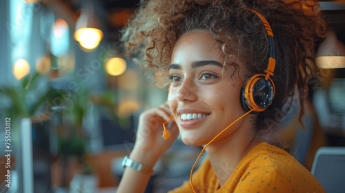Smiling female customer support operator with headset working at customer service call center office. photo