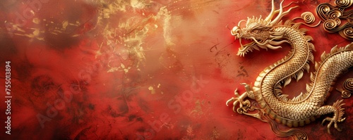 Banner Golden dragon sculpture on a red textured background. chinese dragon background, Dragon traditional chinese 2024 year gold new lunar, cinematic shot, 