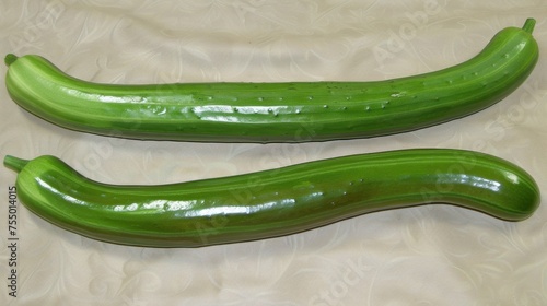 a couple of green cucumbers sitting on top of a white table next to a white sheet of paper. photo