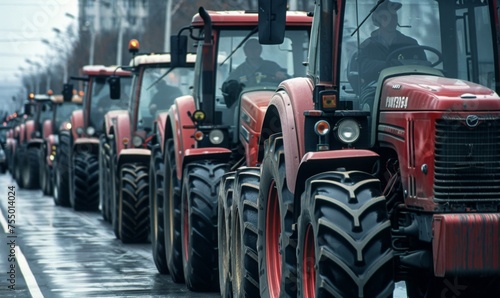 Tractors lined up bumper-to-bumper along a major thoroughfare in the city