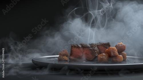 a plate that has some food on it with smoke coming out of the top of the plate and on the bottom of the plate. photo