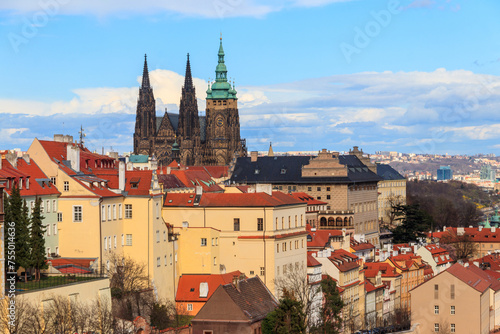 Beautiful landscape of the old town and the Hradcany (Prague Castle) with St. Vitus Cathedral in Prague, Czech Republic