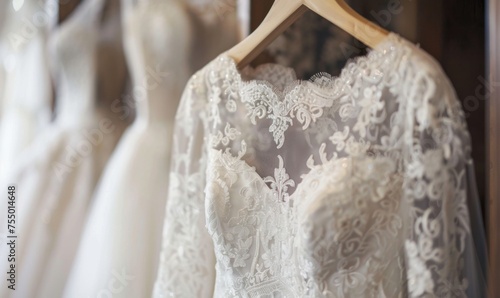 Wedding dress with delicate lace sleeves or a dramatic train hanging gracefully on a hanger in a store