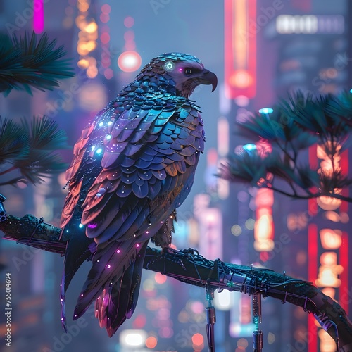 Cyberpunk Robotic Bird Perched on Evergreen amidst Neon-Lit Skyscrapers photo
