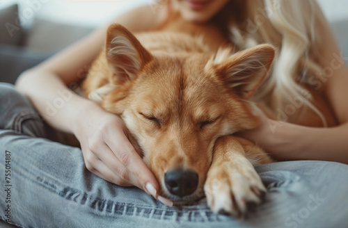 A woman caresses a cute ginger dog, sleeping on her lap. Close-up. Trust, calmness, care, friendship, the concept of love. 