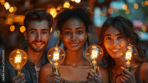 An image of a multi-ethnic business team holding vintage Edison lightbulbs. Men and women of different races join shining light bulbs together as a metaphor for teamwork and the sharing of creative