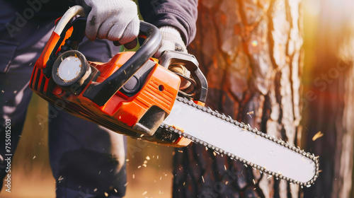 Worker Using Chainsaw for Cutting Tree Branches with Safety Gear. A worker in protective gear safely operates a chainsaw to trim trees. photo