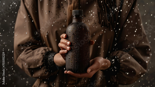 Dynamic image of hands gripping a coffee-filled bottle amidst a creative spray of coffee drops, ideal for branding and promotions photo