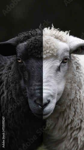 Editorial and documentary mix of a white sheep with black sheep