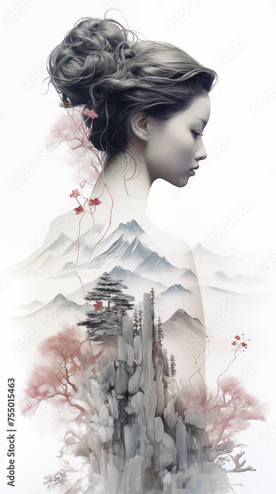 Asian woman in kimono double exposure with nature