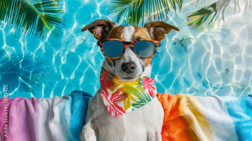 A Jack Russell Terrier wearing sunglasses and a floral bandana lounging on a rainbow-colored towel by a pool with palm reflections. © Netsai