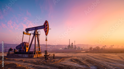Oil pump energy industrial machine for petroleum oil industry equipment in the sunset. photo