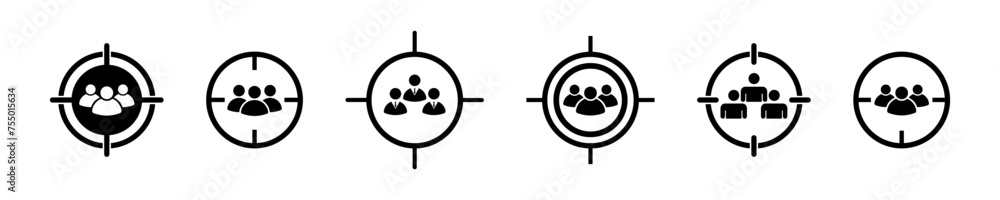 Set of target audience vector icons. Centric consumer or buyer. Find target client. Search customer.