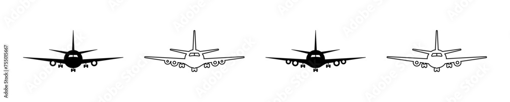 Set of passenger airplane vector icons. Black linear commercial aeroplane. Vector 10 Eps. Set of passenger airplane vector icons. Black linear commercial aeroplane. Vector 10 Eps.