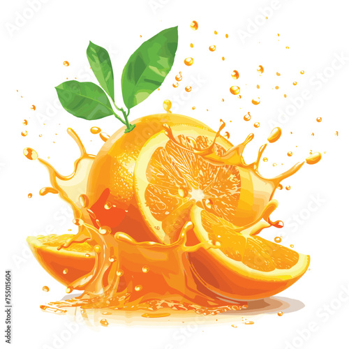 Vector realistic orange splash and fruit isolated on the background