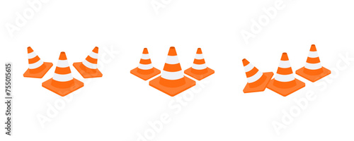 Set of construction or road orange cone vector icons. Repair or traffic cone. Warning signs.