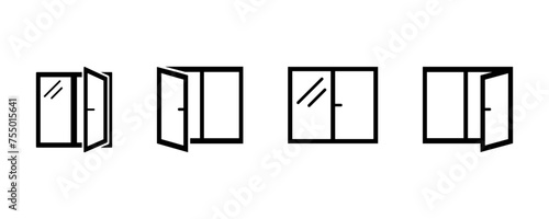 Set of window vector icons. Black open and close windows. Vector 10 Eps.