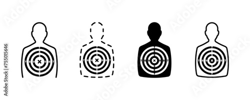 Set of target man vector icons. Black silhouette human for range body shots. Training shooting. Man torso.