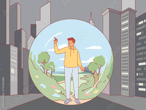 Colorful privat boundaries. Building your own world, external problems indifference, psychological protection, comfort zone, introvert man in bubble, cartoon flat isolated vector concept