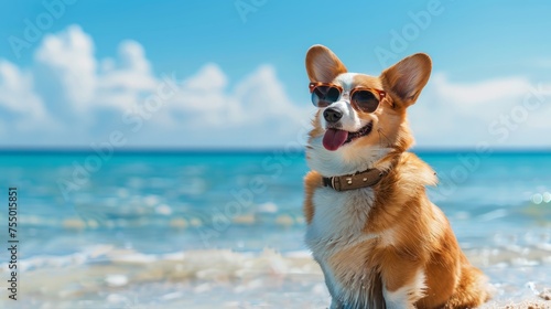 Corgi wearing sunglasses on a sunny beach with ocean in the background.