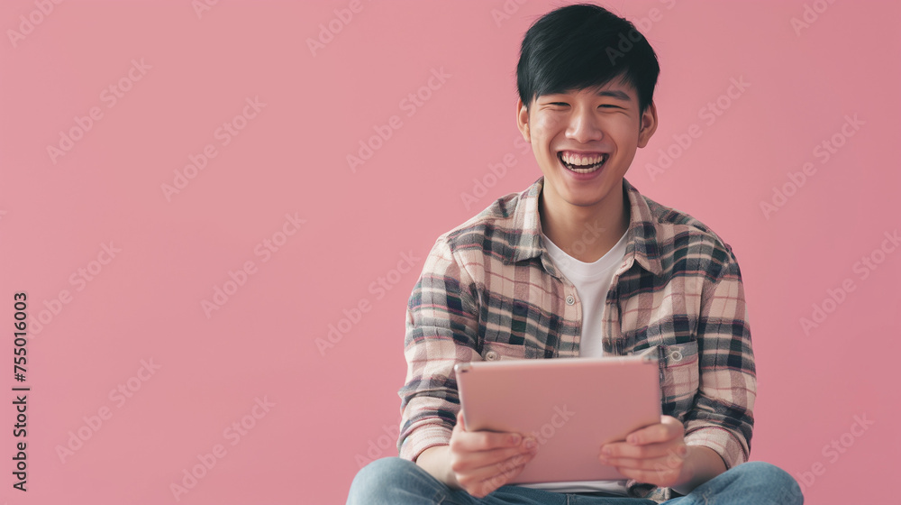 Happy College student man using digital tablet pc and sit, asian male on pink color background professional photography