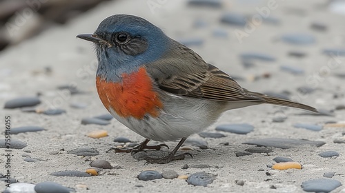 a close up of a small bird on a ground with rocks and gravel in the foreground and a bird on the ground with rocks in the background. photo