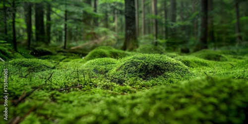 Close up photo of mossy forest floor. Wood deep moss in the forest.