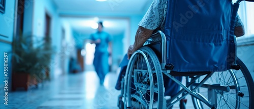 An image showing a patient in a wheelchair in a hospital corridor with a healthcare provider in the background, conveying a serene, supportive medical atmosphere.