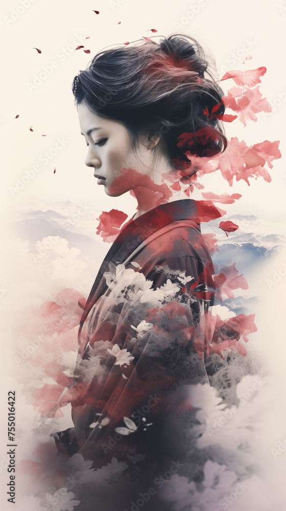 Obraz premium Asian woman in kimono double exposure with nature