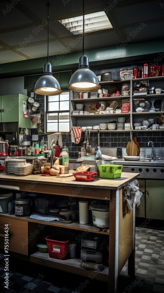 Empty school or university kitchen with large windows and cooking utensils