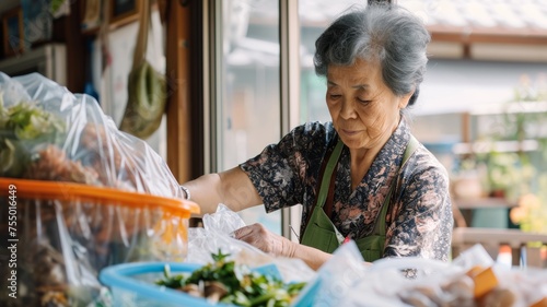 Elderly Asian woman in traditional dress and apron selects vegetables at a local market stall amidst warm daylight, suggesting themes of culture, community, and everyday life.