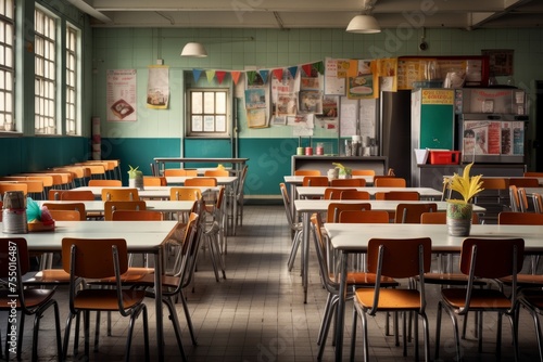 An empty school canteen with large windows and a row of tables and chairs