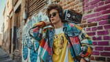 Stylish young man with sunglasses carrying a boombox on his shoulder against a graffiti wall captures a retro urban vibe, suitable for music or youth culture themes.