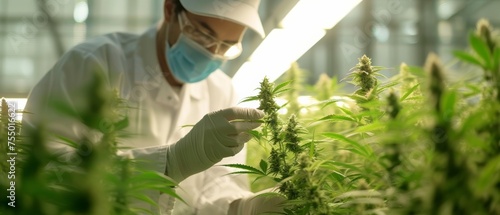 A scientist in protective gear examines a cannabis plant in a controlled lab setting, suggesting medical or agricultural research.
