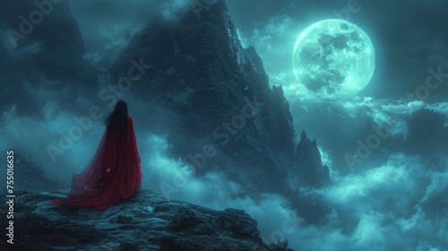Enigmatic Figure in Red Cloak Under a Luminous Moon