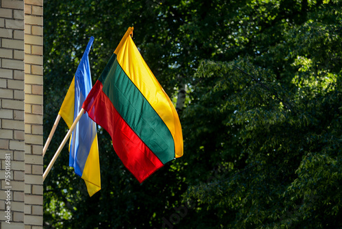 Lithuanian and Ukrainian flags outdoors, green tress in the background