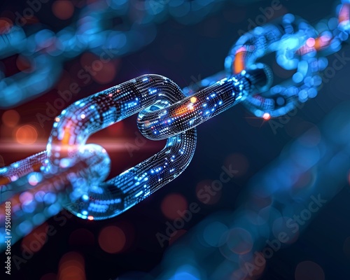 Digital Blockchain Technology Concept with Glowing Chains A detailed digital image portraying the secure and interconnected nature of blockchain technology, with glowing blue chains against a dark ba 