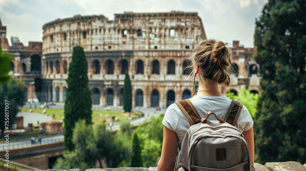 female tourist backpacker looking at Colosseum in Rome, Italy. Wanderlust concept.